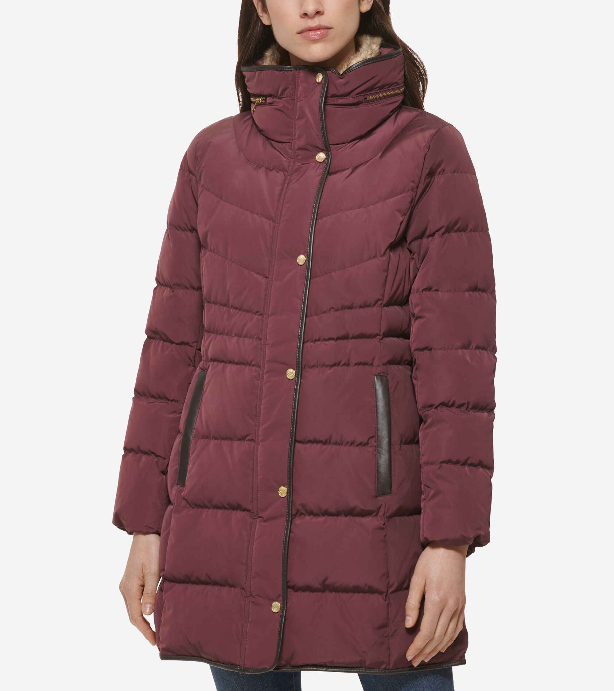 Red quilted coat with fur hood discount